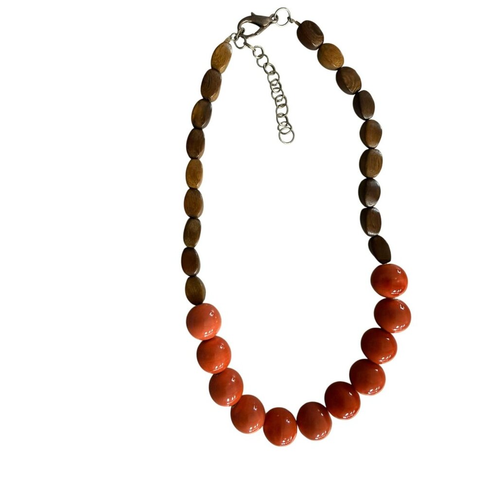 Wood & Orange Ceramic Beaded Necklace With Adjustable Lobster Clasp Closure
